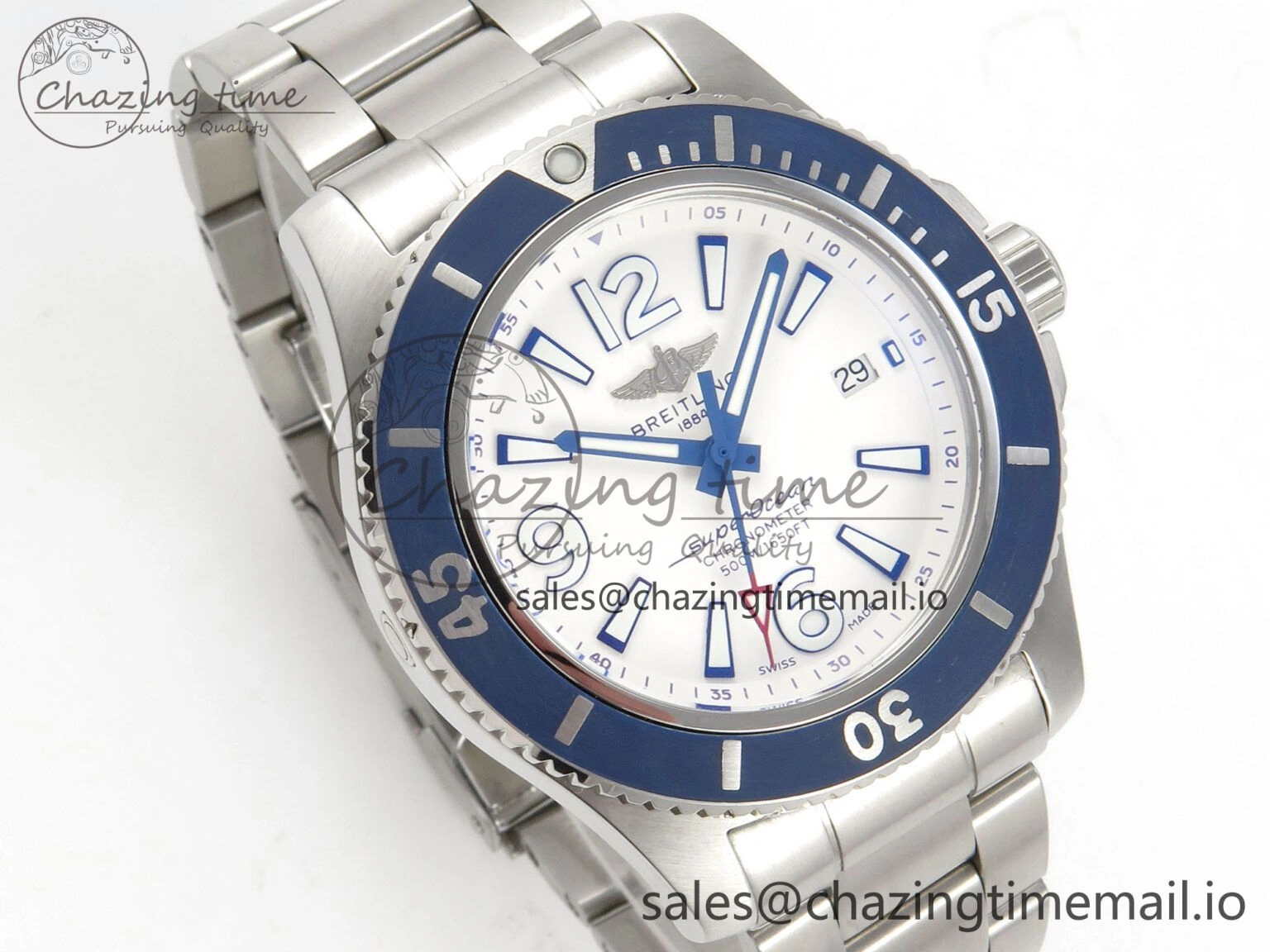 Trendy Superocean 44mm SS TF 1:1 Best Edition Blue White Dial Blue Bezel on SS Bracelet A2824 V 5399