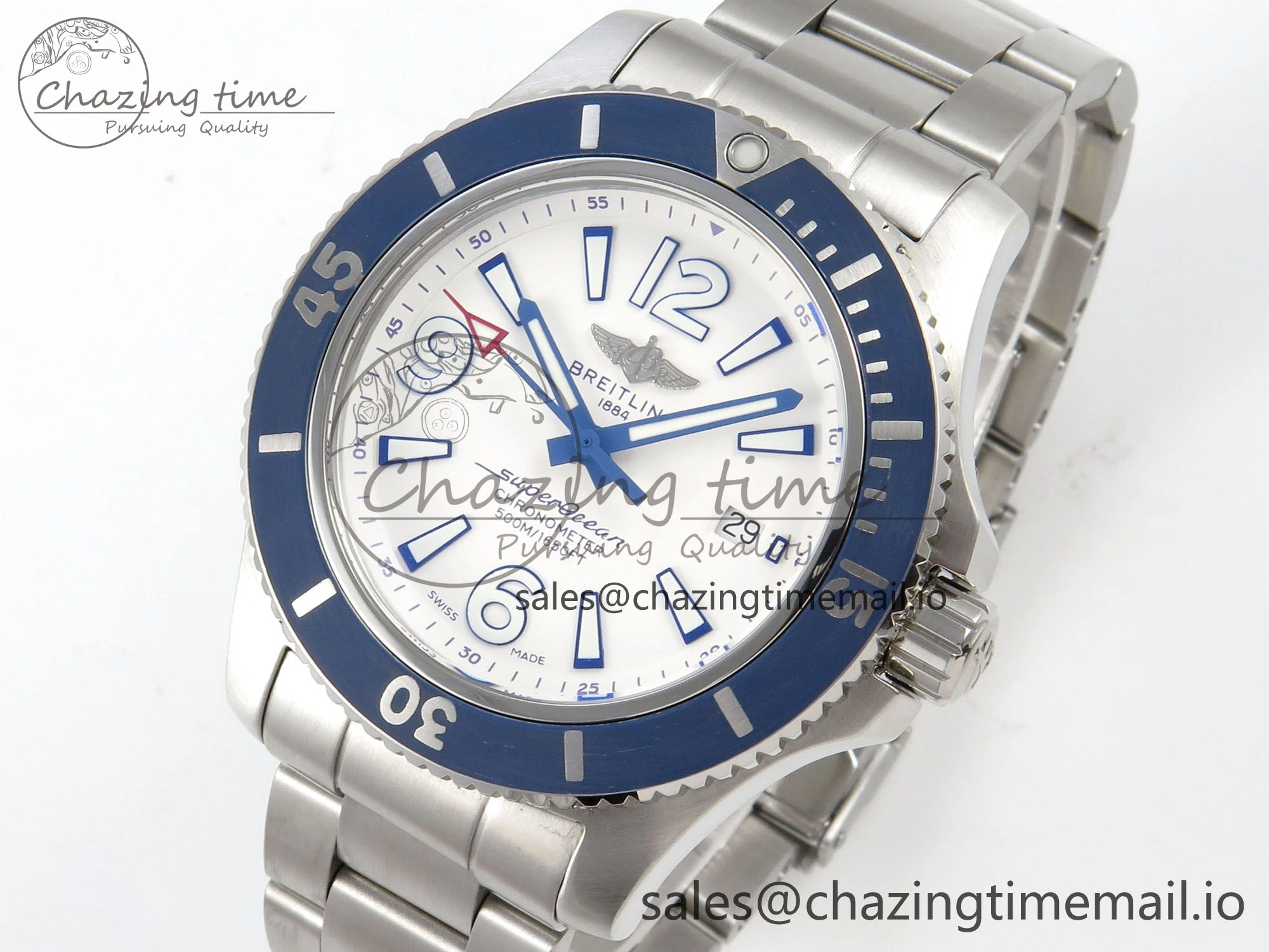 Trendy Superocean 44mm SS TF 1:1 Best Edition Blue White Dial Blue Bezel on SS Bracelet A2824 V 5399