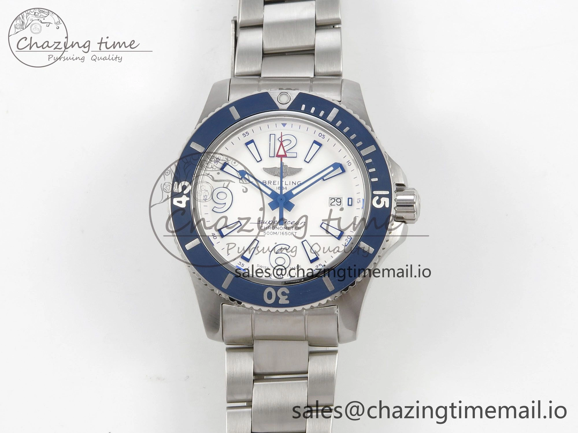 Trendy Superocean 44mm SS TF 1:1 Best Edition Blue White Dial Blue Bezel on SS Bracelet A2824 V 5399