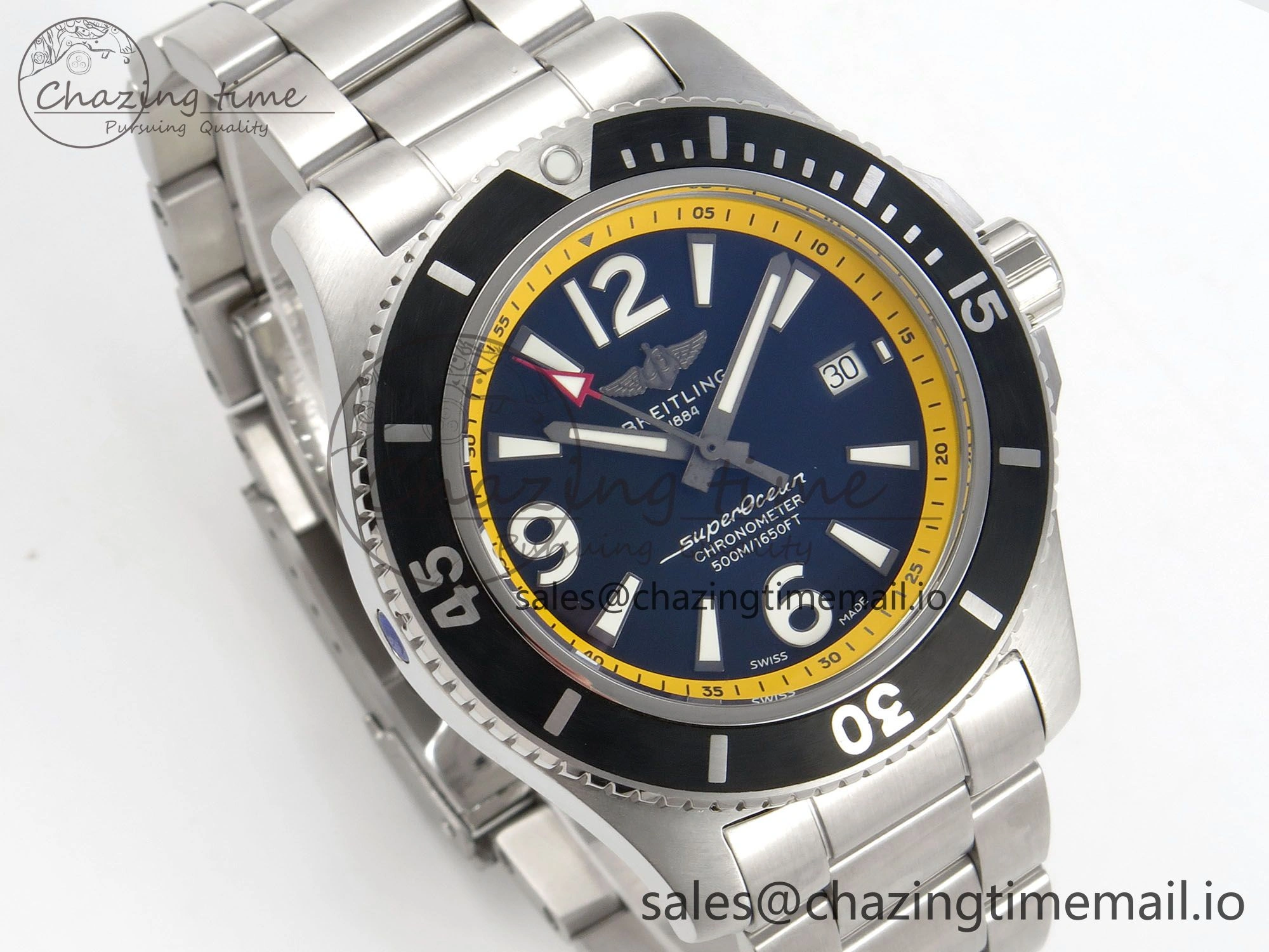 Superocean 44mm SS TF 1:1 Best Edition Blue Yellow Dial Black Bezel on SS Bracelet A2824 V Comfortable 5400
