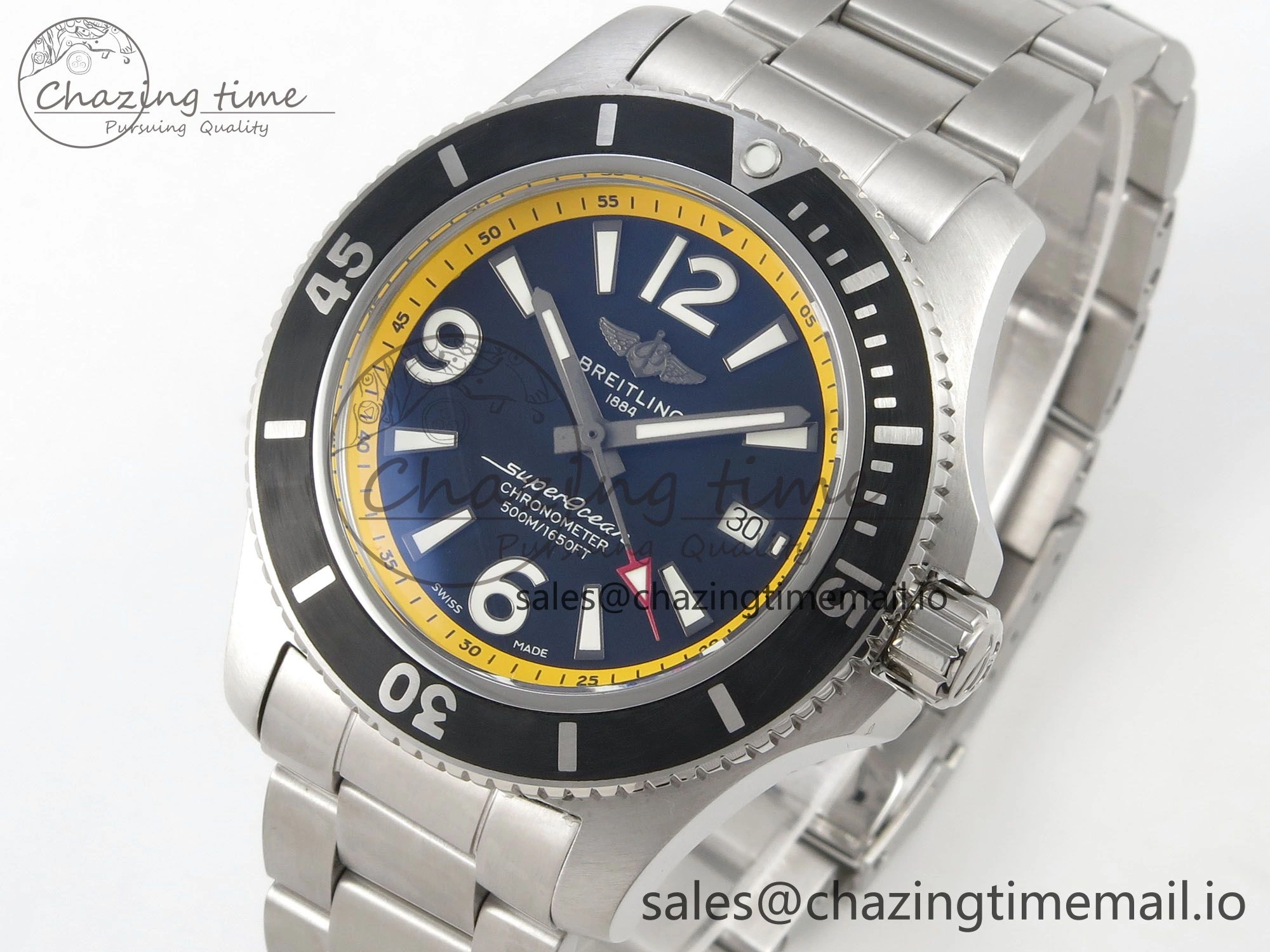 Superocean 44mm SS TF 1:1 Best Edition Blue Yellow Dial Black Bezel on SS Bracelet A2824 V Comfortable 5400