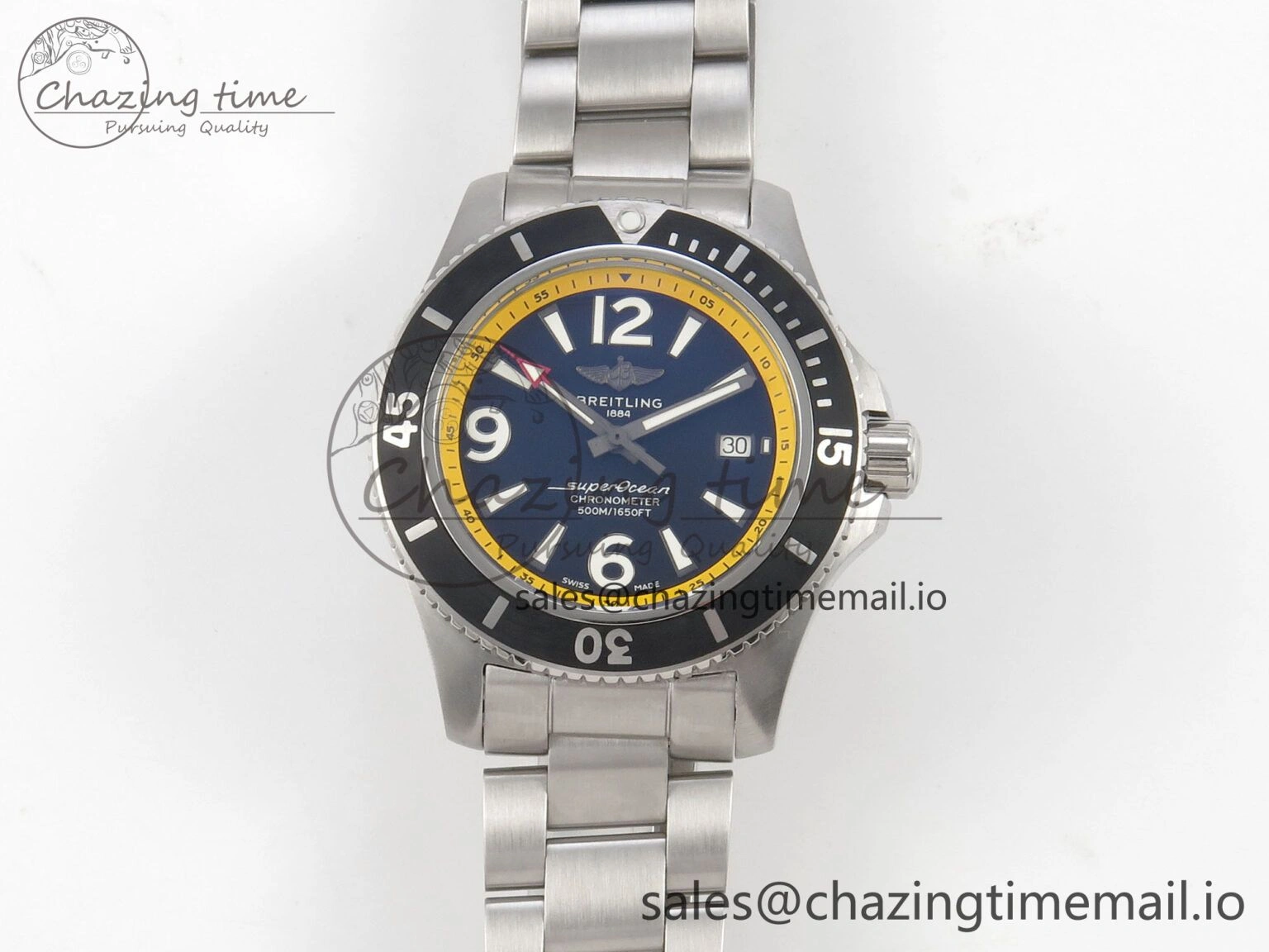 Superocean 44mm SS TF 1:1 Best Edition Blue Yellow Dial Black Bezel on SS Bracelet A2824 V Comfortable 5400