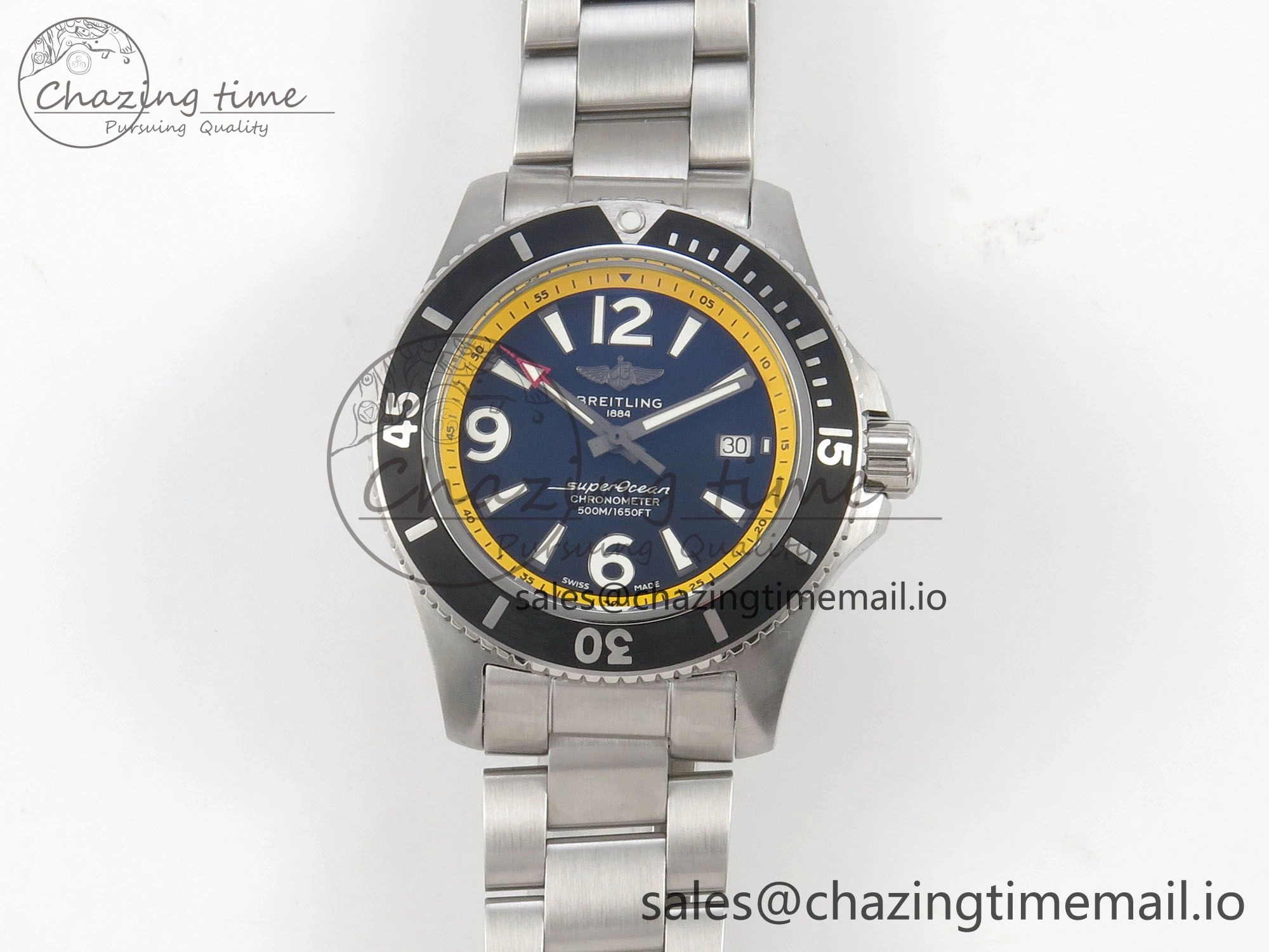 Superocean 44mm SS TF 1:1 Best Edition Blue Yellow Dial Black Bezel on SS Bracelet A2824 V Comfortable 5400