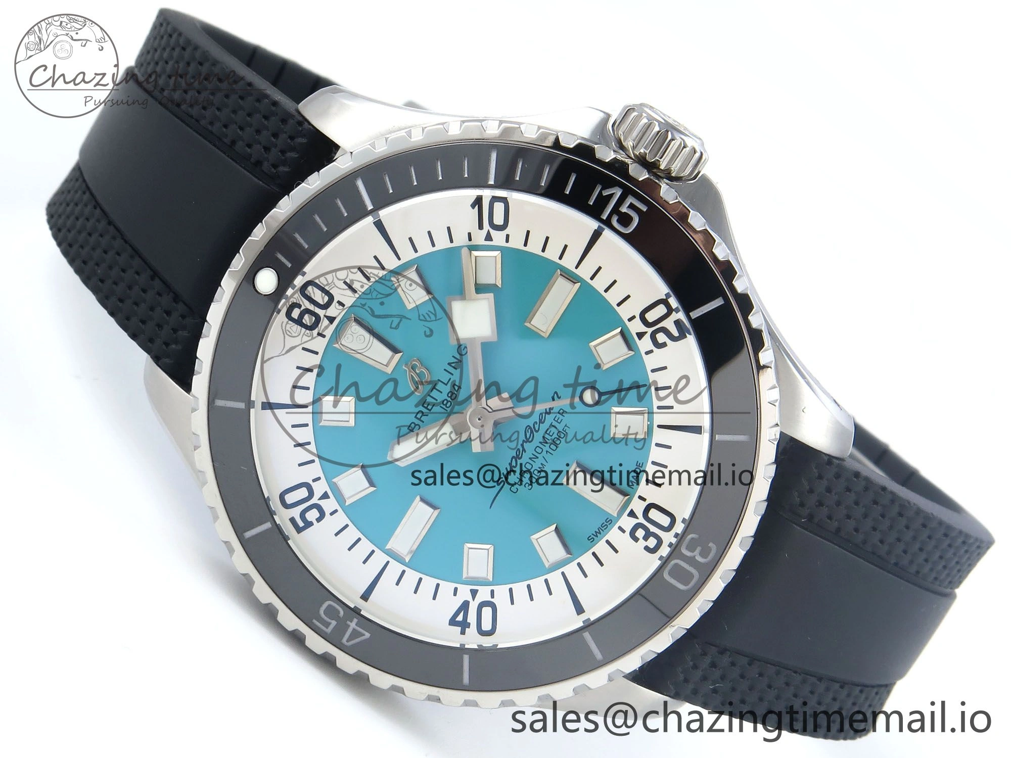 Superocean 44mm SS TF 1:1 Best Edition Light Blue Dial Black Bezel on Black Rubber Strap A Elegant 5421
