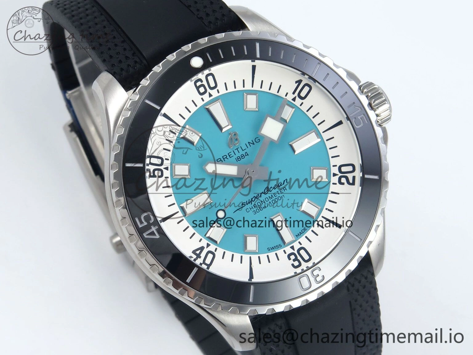 Superocean 44mm SS TF 1:1 Best Edition Light Blue Dial Black Bezel on Black Rubber Strap A Elegant 5421