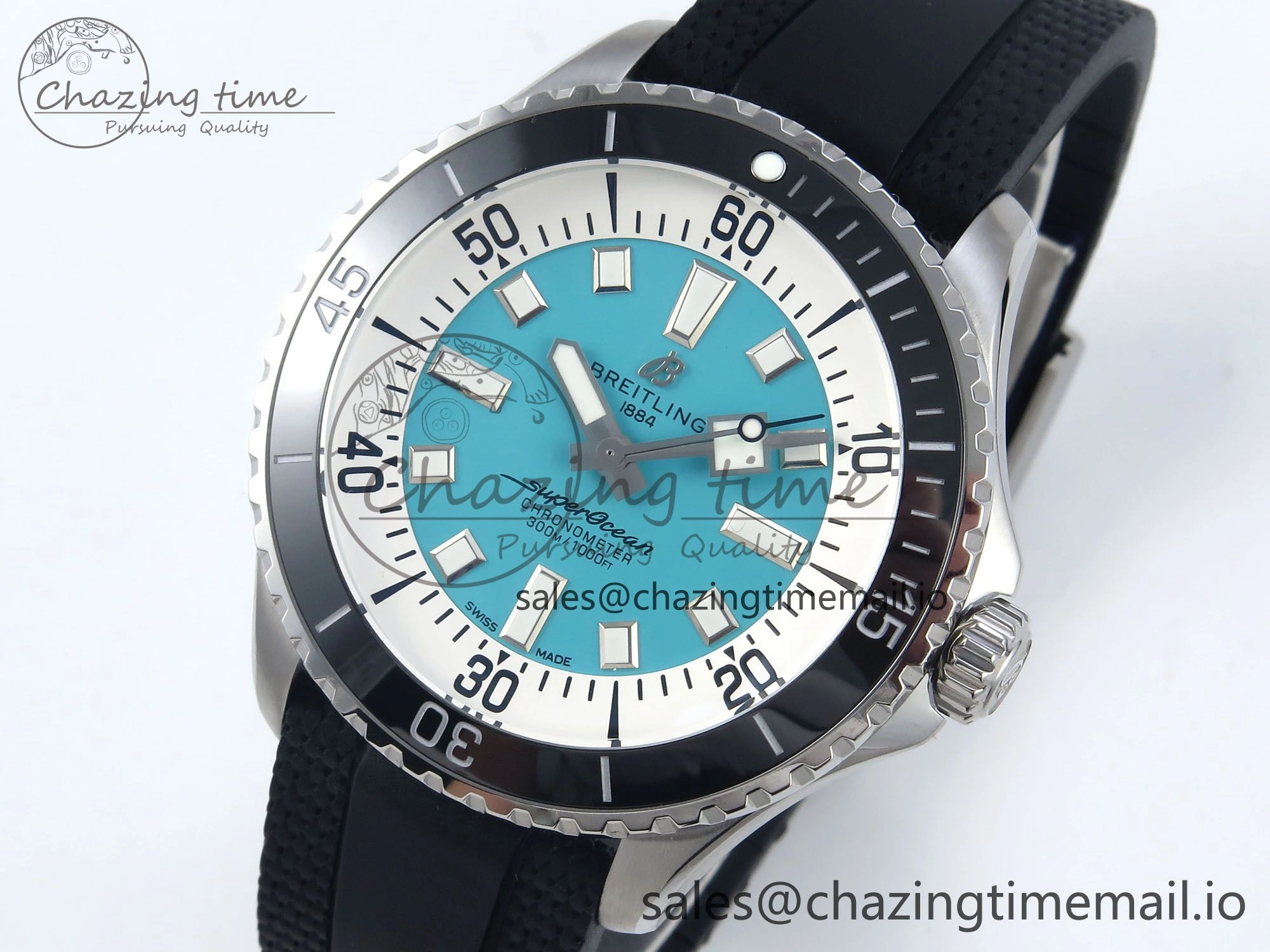 Superocean 44mm SS TF 1:1 Best Edition Light Blue Dial Black Bezel on Black Rubber Strap A Elegant 5421