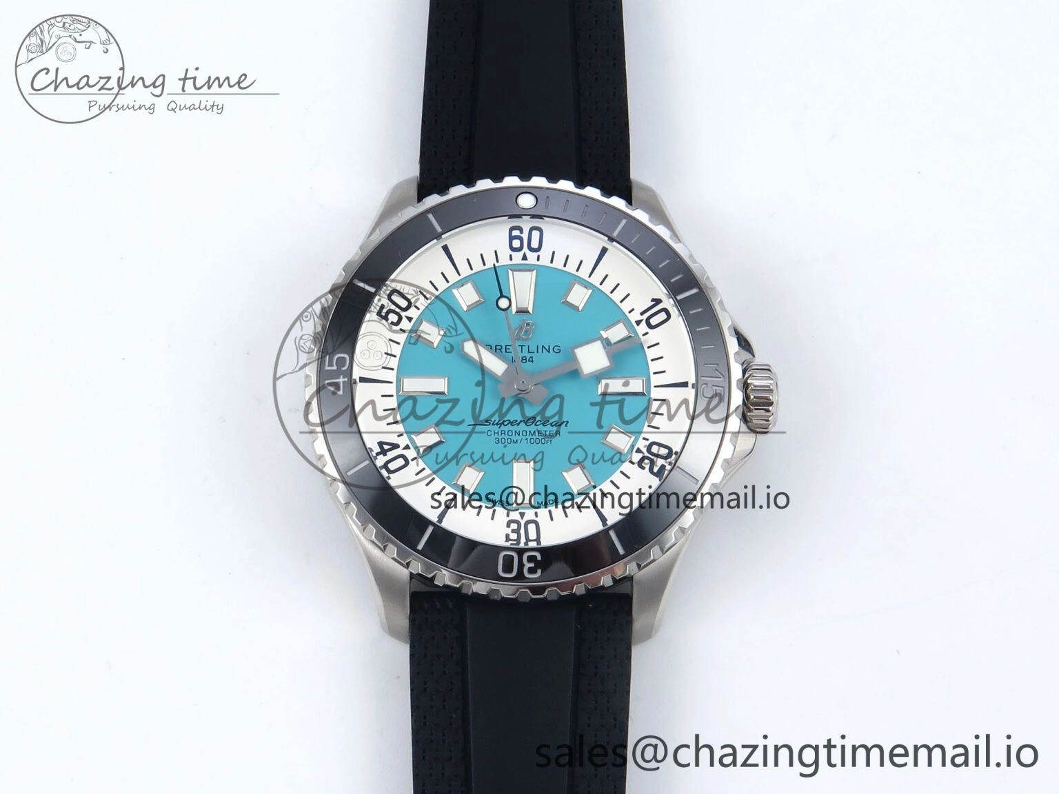 Superocean 44mm SS TF 1:1 Best Edition Light Blue Dial Black Bezel on Black Rubber Strap A Elegant 5421