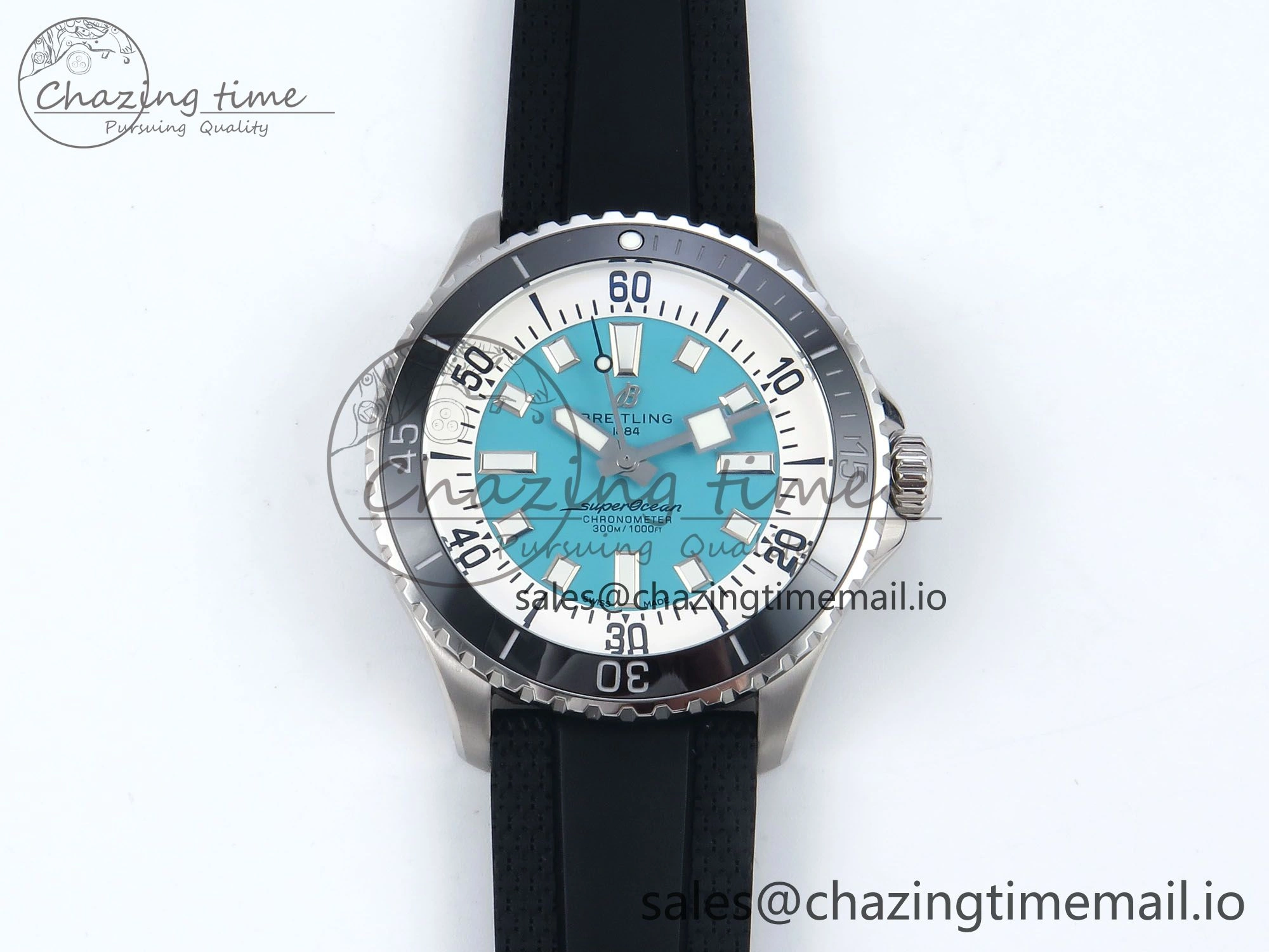 Superocean 44mm SS TF 1:1 Best Edition Light Blue Dial Black Bezel on Black Rubber Strap A Elegant 5421