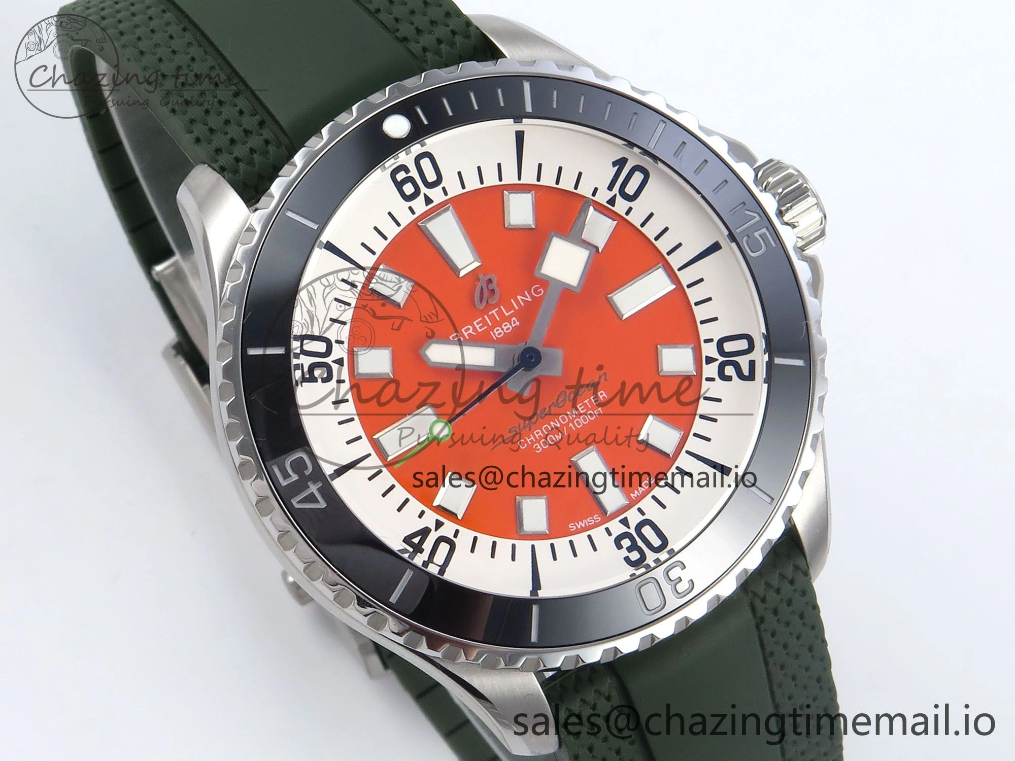 FreshLook Superocean 44mm SS TF 1:1 Best Edition Orange Dial Black Bezel on Green Rubber Strap A 5414