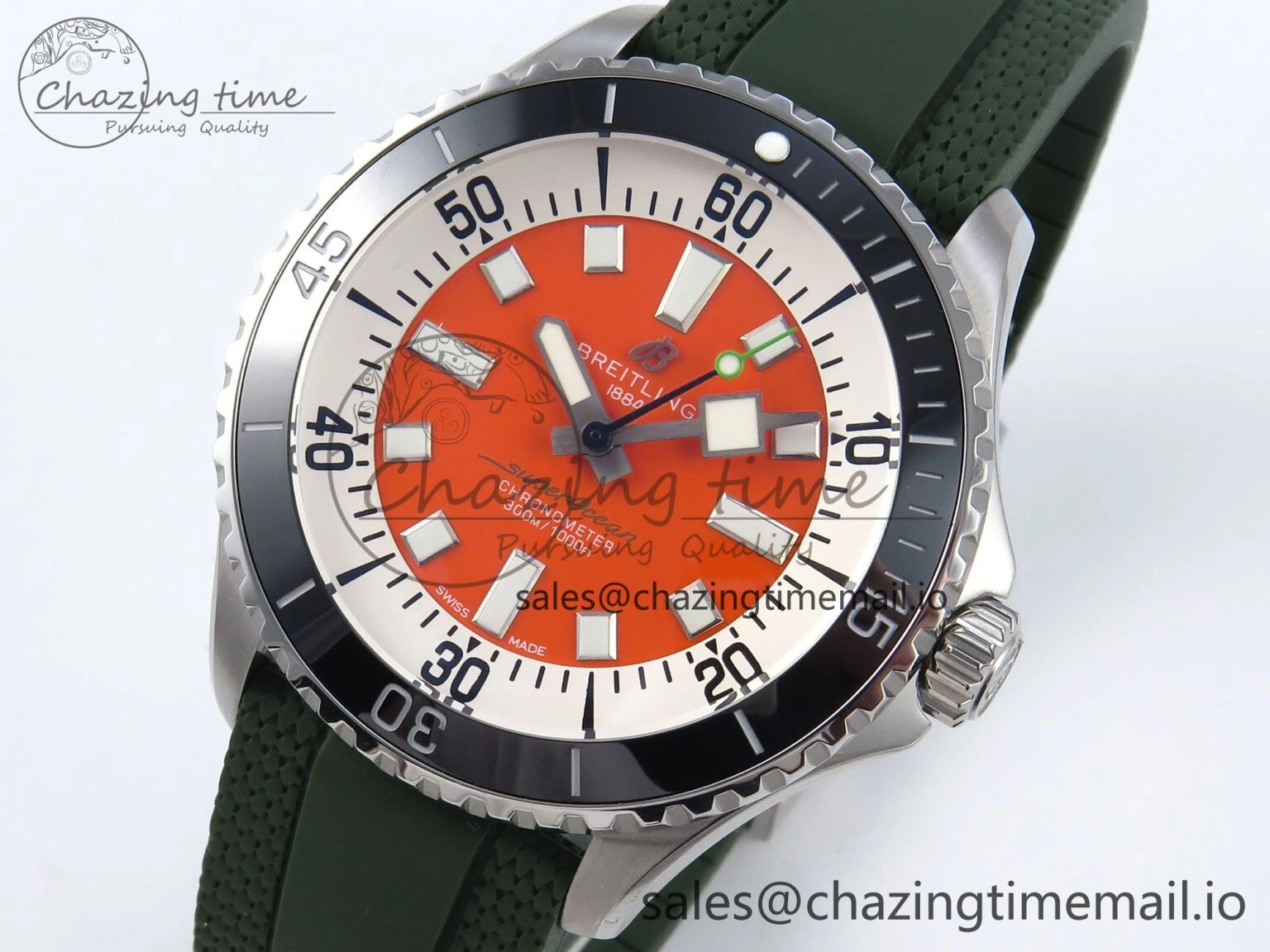 FreshLook Superocean 44mm SS TF 1:1 Best Edition Orange Dial Black Bezel on Green Rubber Strap A 5414