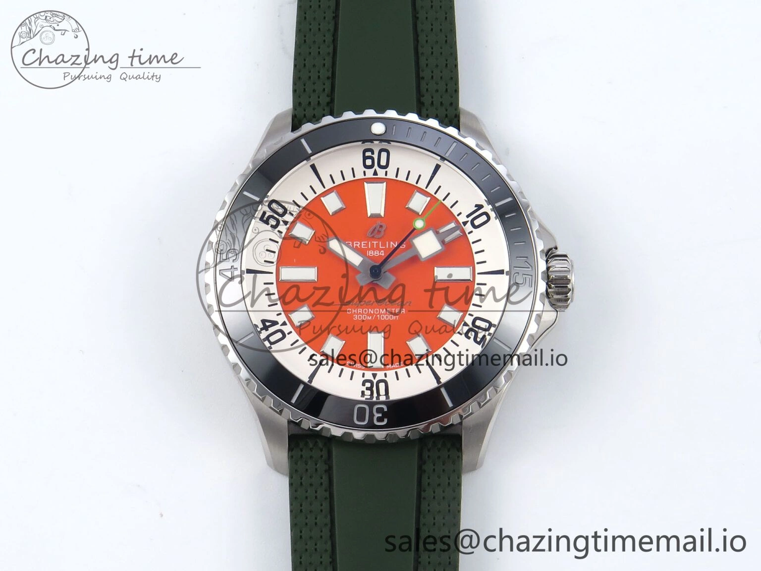 FreshLook Superocean 44mm SS TF 1:1 Best Edition Orange Dial Black Bezel on Green Rubber Strap A 5414