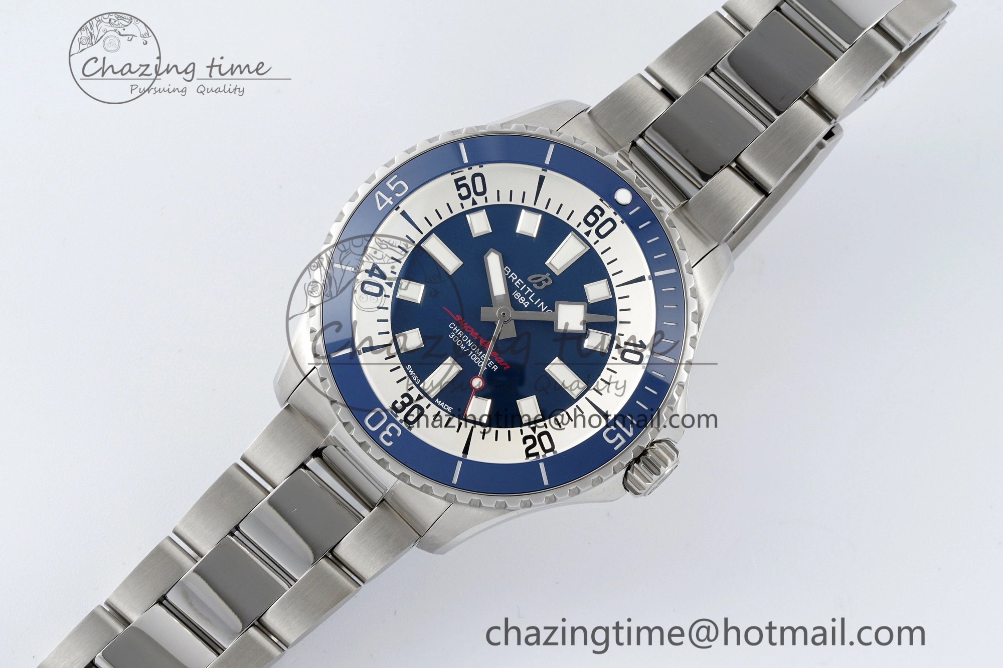 Breathable Superocean 44mm TF 1:1 Best Edition Blue White Dial Blue Bezel on SS Bracelet A 5522