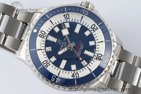 Breathable Superocean 44mm TF 1:1 Best Edition Blue White Dial Blue Bezel on SS Bracelet A 5522