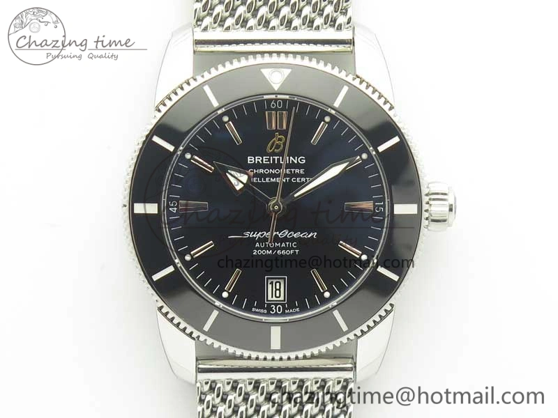 Superocean Héritage II 42 SS GF 1:1 Best Edition Black Ceramic Black Dial on SS Mesh Bracelet MIYOTA Breathable 5633