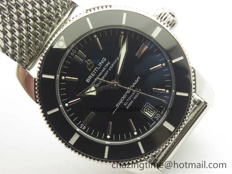 Superocean Héritage II 42 SS GF 1:1 Best Edition Black Ceramic Black Dial on SS Mesh Bracelet MIYOTA Breathable 5633