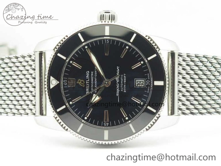 Superocean Héritage II 42 SS GF 1:1 Best Edition Black Ceramic Black Dial on SS Mesh Bracelet MIYOTA Breathable 5633