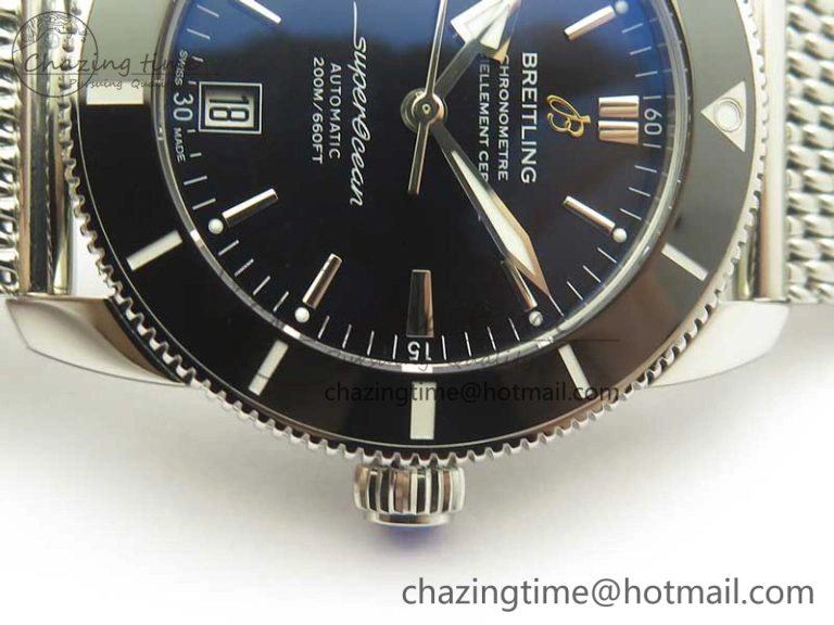Superocean Héritage II 42 SS GF 1:1 Best Edition Black Ceramic Black Dial on SS Mesh Bracelet MIYOTA Breathable 5633