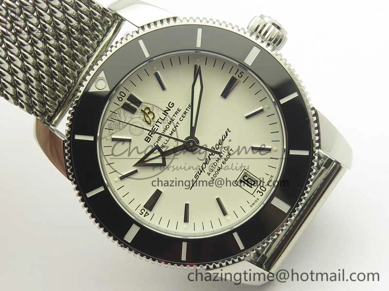 UrbanStyle Superocean Héritage II 42 SS GF 1:1 Best Edition Black Ceramic White Dial on SS Mesh Bracelet MIYOTA 5628
