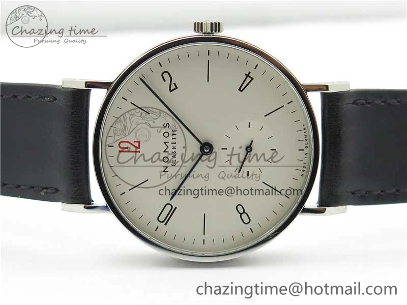Tangente Automatic 38mm SS MKS 1:1 Best Edition White Dial Red 12 Marker on Black Leather Strap A23J Premium 7633