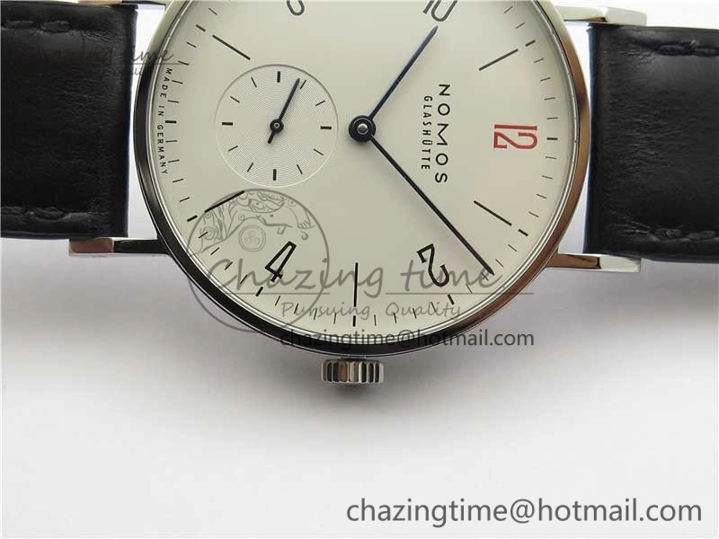 Tangente Automatic 38mm SS MKS 1:1 Best Edition White Dial Red 12 Marker on Black Leather Strap A23J Premium 7633