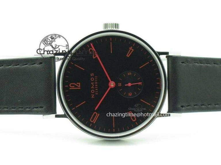 DailyWear Tangente SS Black Dial Red Number Markers On Black Leather Strap A 7640