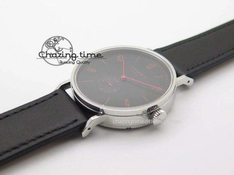 DailyWear Tangente SS Black Dial Red Number Markers On Black Leather Strap A 7640