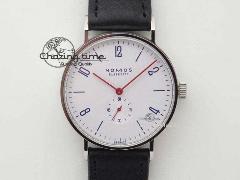 EasyMatch Tangente SS White Dial On Blue Number Markers Red Handset On Black Leather Strap A 7644