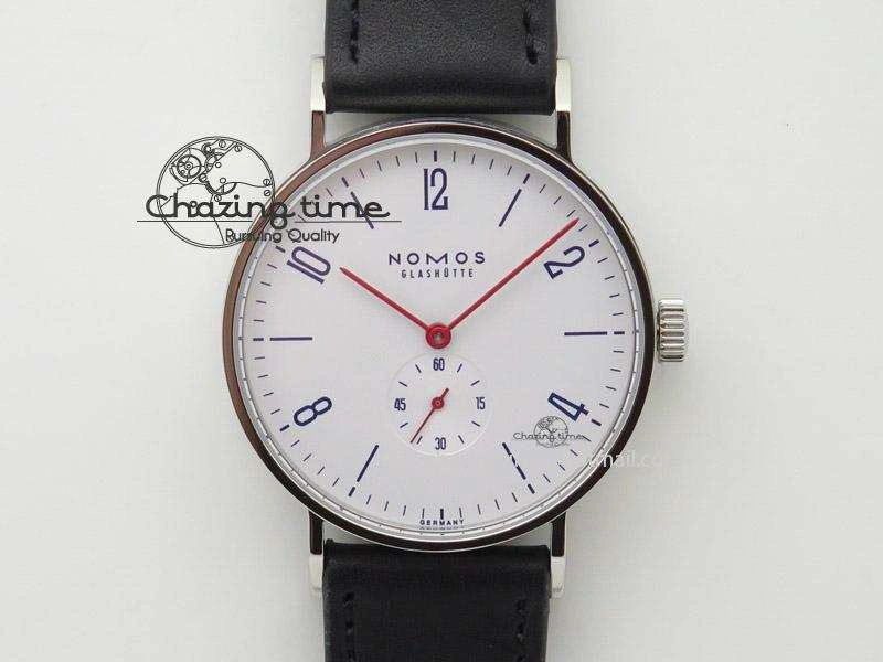 EasyMatch Tangente SS White Dial On Blue Number Markers Red Handset On Black Leather Strap A 7644