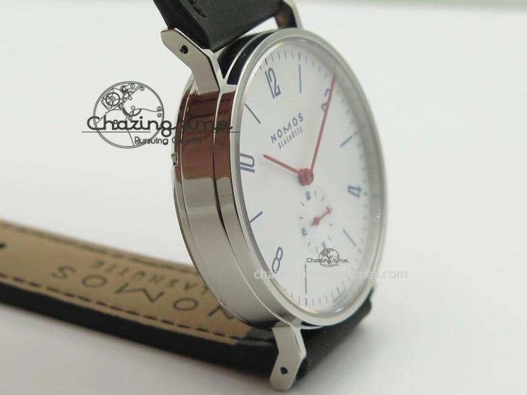 EasyMatch Tangente SS White Dial On Blue Number Markers Red Handset On Black Leather Strap A 7644