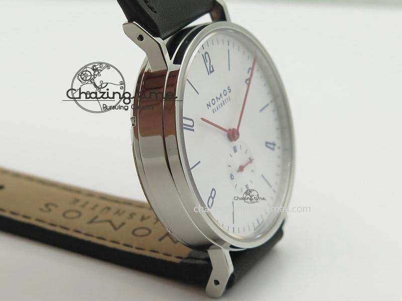 EasyMatch Tangente SS White Dial On Blue Number Markers Red Handset On Black Leather Strap A 7644