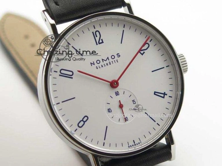 EasyMatch Tangente SS White Dial On Blue Number Markers Red Handset On Black Leather Strap A 7644