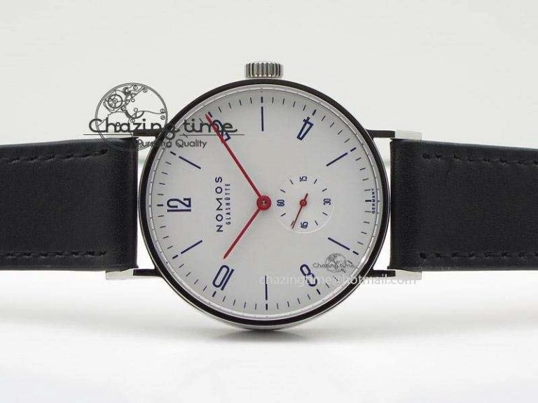 EasyMatch Tangente SS White Dial On Blue Number Markers Red Handset On Black Leather Strap A 7644