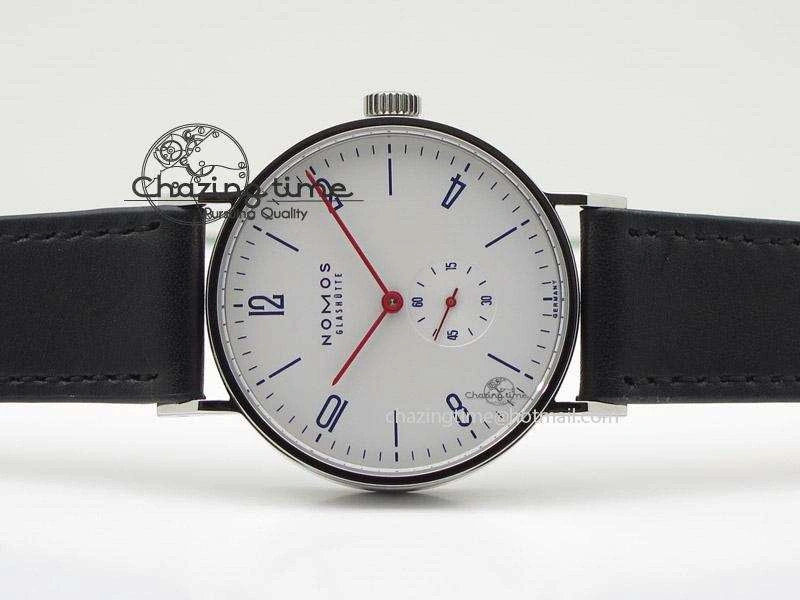 EasyMatch Tangente SS White Dial On Blue Number Markers Red Handset On Black Leather Strap A 7644