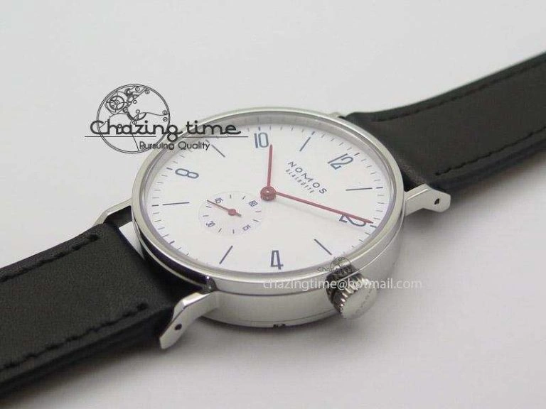 EasyMatch Tangente SS White Dial On Blue Number Markers Red Handset On Black Leather Strap A 7644