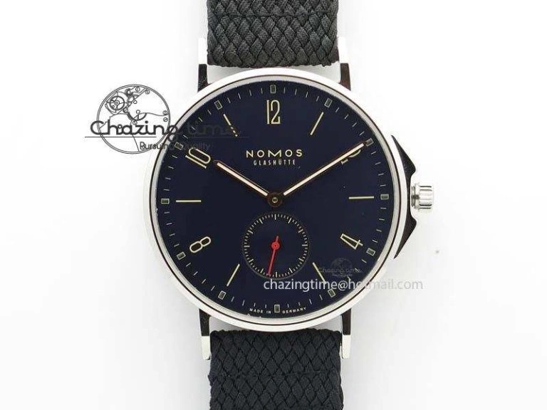 EasyMatch Tangente SS White Dial On Blue Number Markers Red Handset On Black Leather Strap A 7644