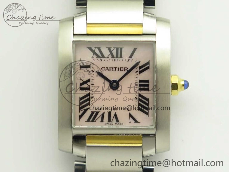 TimelessDesign Tank Francaise Ladies 25mm SS YG 8848F 1:1 Best Edition Pink Dial on SS YG Bracelet Ronda Quartz 10638