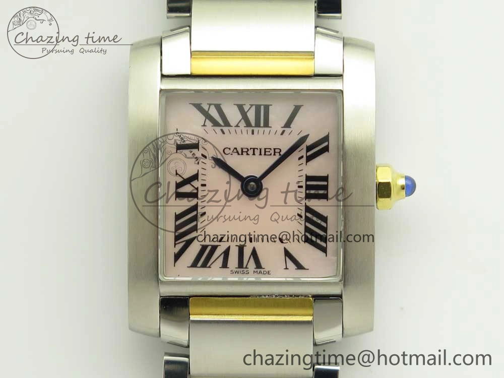 TimelessDesign Tank Francaise Ladies 25mm SS YG 8848F 1:1 Best Edition Pink Dial on SS YG Bracelet Ronda Quartz 10638