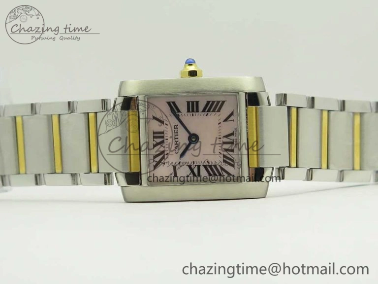 TimelessDesign Tank Francaise Ladies 25mm SS YG 8848F 1:1 Best Edition Pink Dial on SS YG Bracelet Ronda Quartz 10638