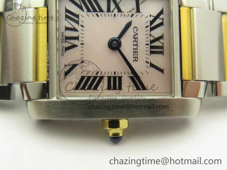 TimelessDesign Tank Francaise Ladies 25mm SS YG 8848F 1:1 Best Edition Pink Dial on SS YG Bracelet Ronda Quartz 10638