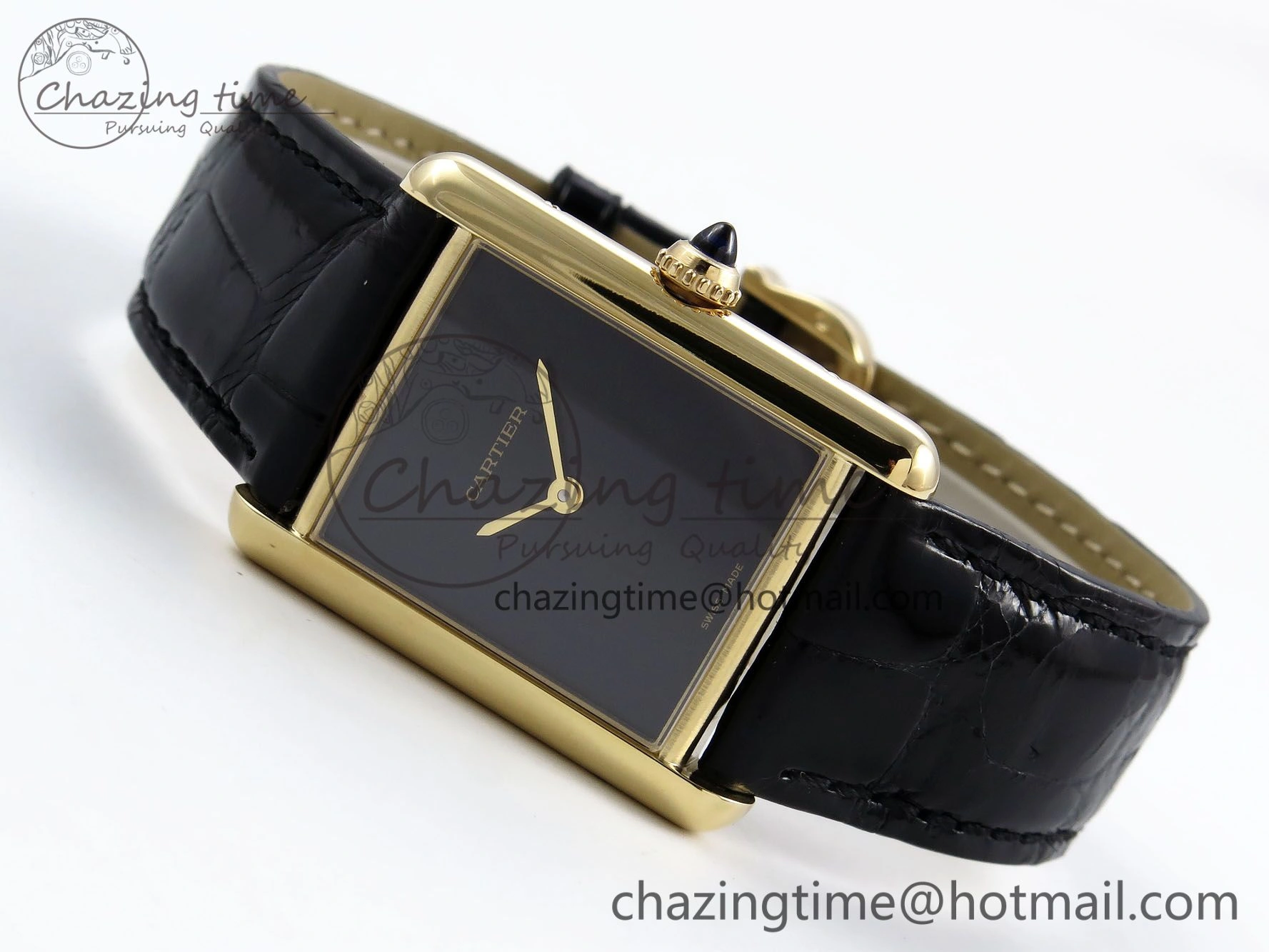 WellDesigned Tank Louis Cartier Large YG 33.7mm DRF 1:1 Best Edition Black Dial on Black Leather Strap Swiss Quartz 5958