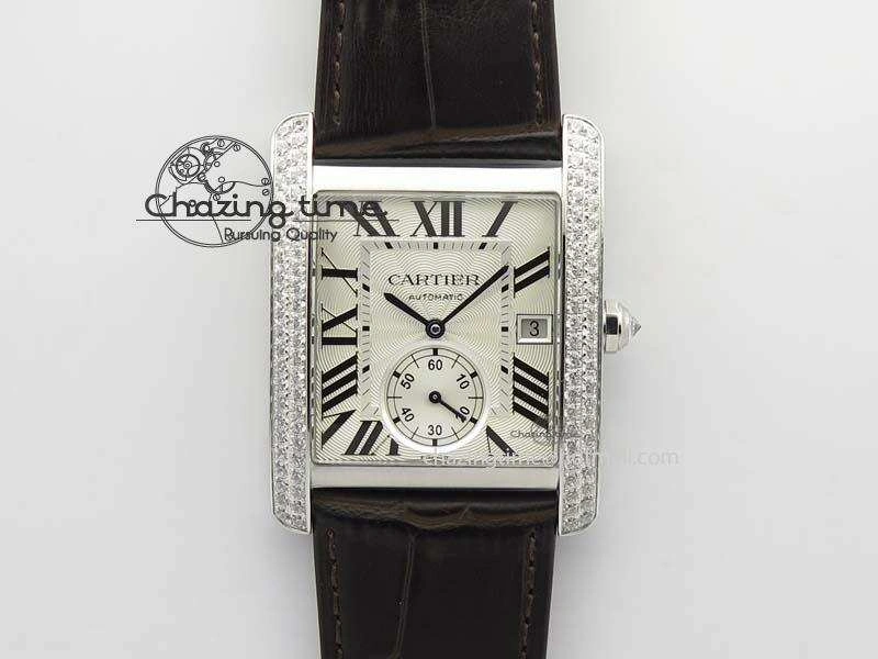 Tank MC JF Best Edition SS White Textured Dial Diamond Bezel On Brown Leather Strap A23J Cal FashionForward 6329