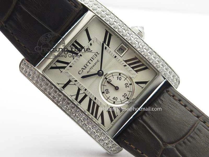 Tank MC JF Best Edition SS White Textured Dial Diamond Bezel On Brown Leather Strap A23J Cal FashionForward 6329