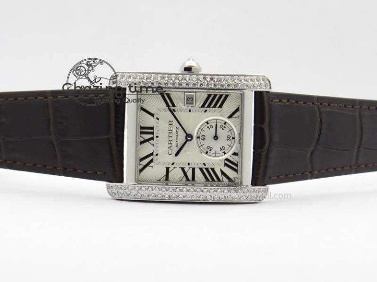 Tank MC JF Best Edition SS White Textured Dial Diamond Bezel On Brown Leather Strap A23J Cal FashionForward 6329