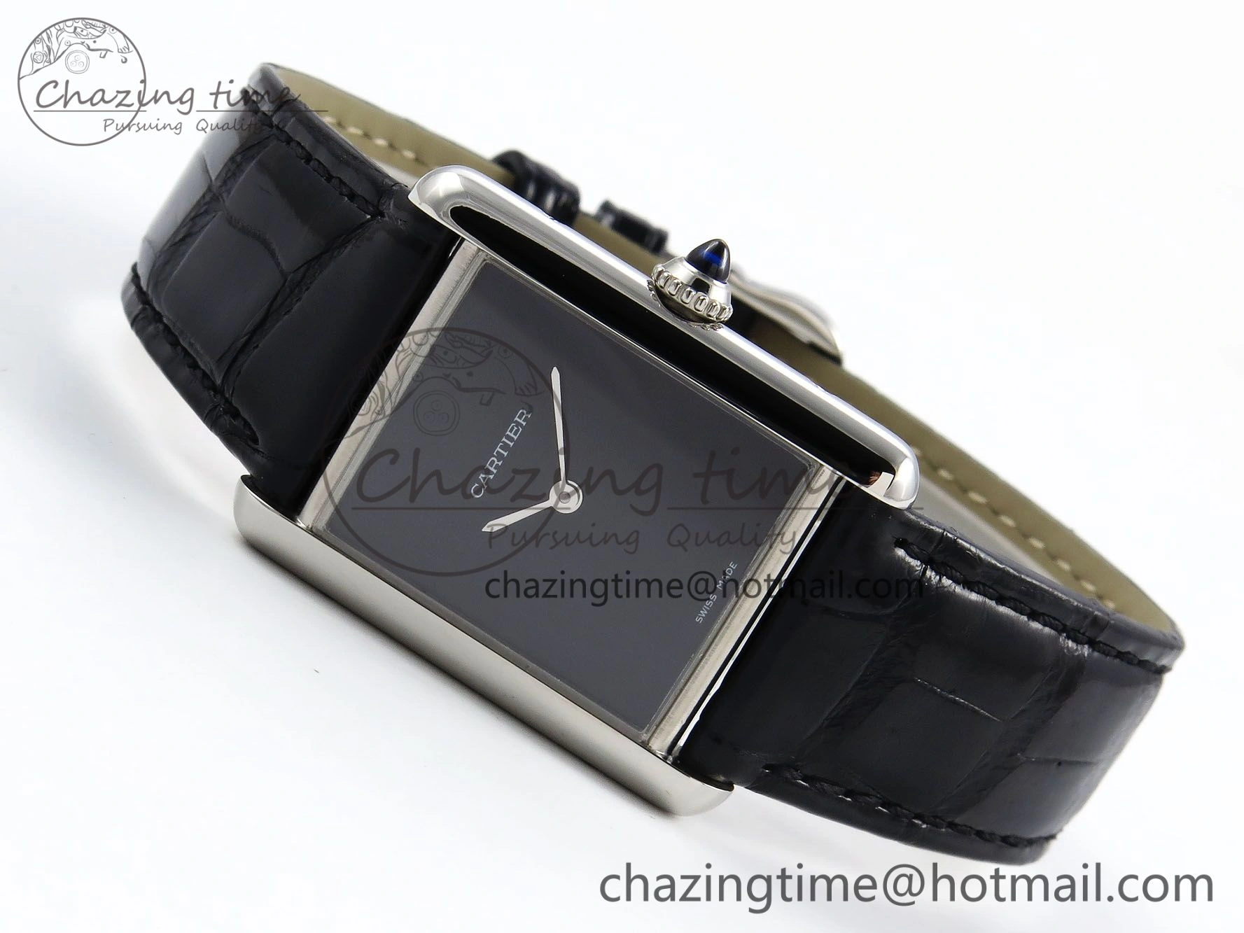 Sustainable Tank Must Large SS 33.7mm DRF 1:1 Best Edition Black Dial on Black Leather Strap Swiss Quartz 5959