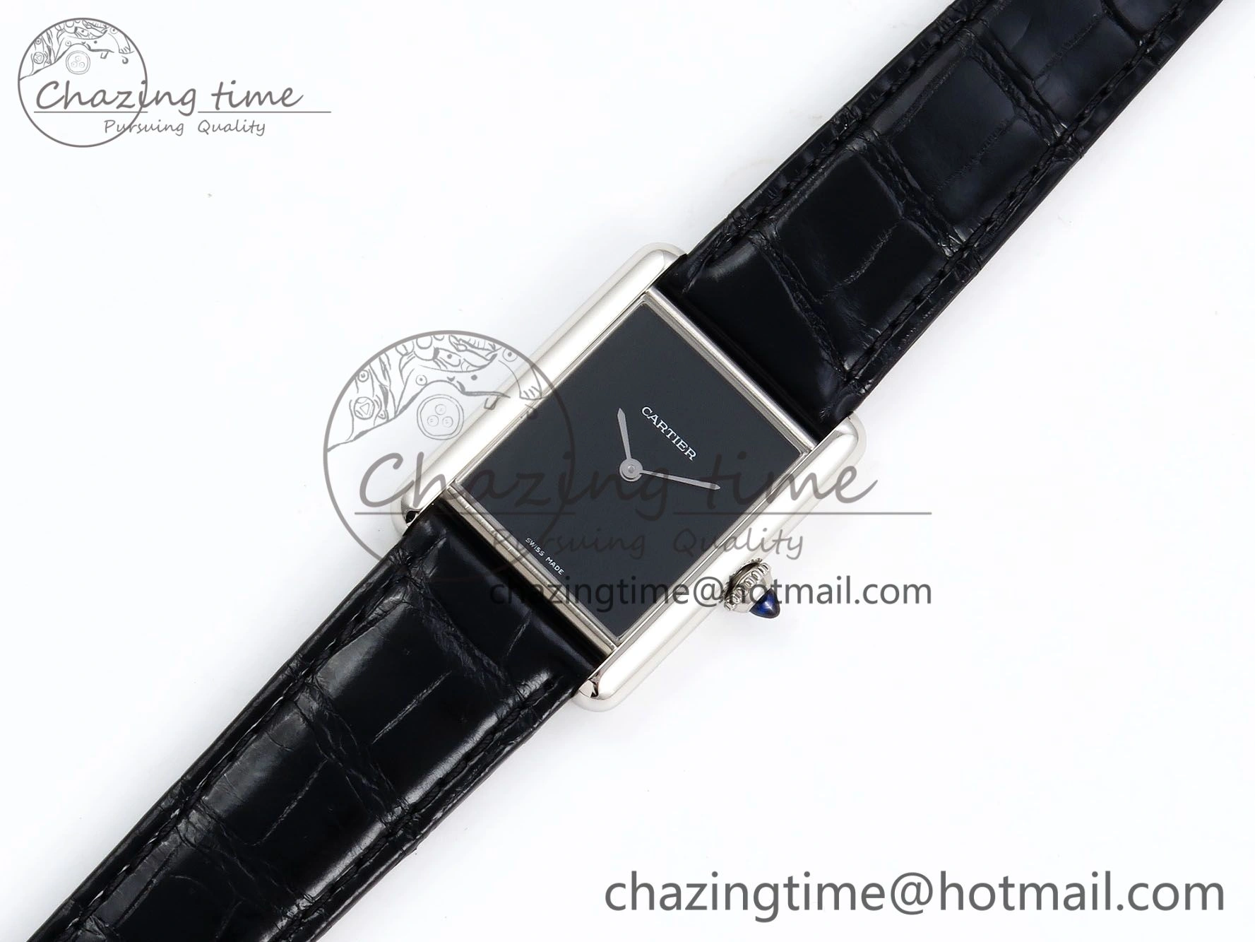 Sustainable Tank Must Large SS 33.7mm DRF 1:1 Best Edition Black Dial on Black Leather Strap Swiss Quartz 5959