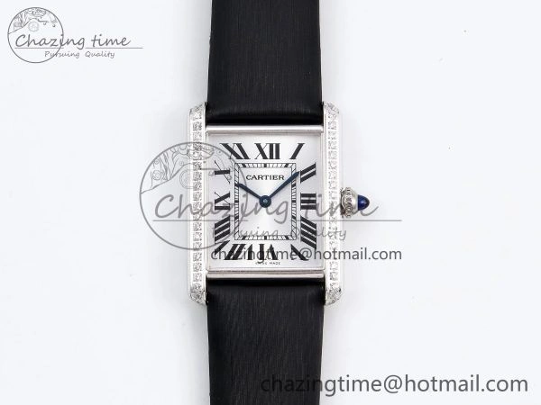 Tank Must Large SS 33.7mm DRF 1:1 Best Edition White Dial Diamonds Bezel on Black Calfskin Strap Swiss Quartz Colorful 5955