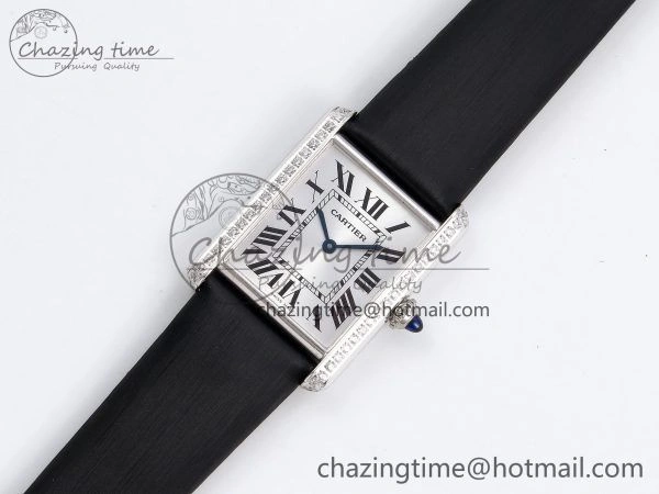 Tank Must Large SS 33.7mm DRF 1:1 Best Edition White Dial Diamonds Bezel on Black Calfskin Strap Swiss Quartz Colorful 5955