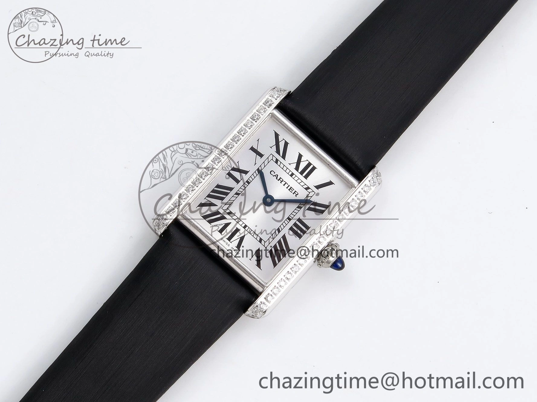 Tank Must Large SS 33.7mm DRF 1:1 Best Edition White Dial Diamonds Bezel on Black Calfskin Strap Swiss Quartz Colorful 5955