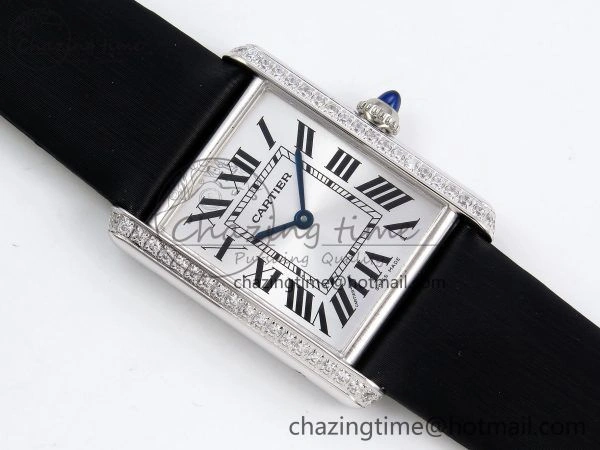 Tank Must Large SS 33.7mm DRF 1:1 Best Edition White Dial Diamonds Bezel on Black Calfskin Strap Swiss Quartz Colorful 5955