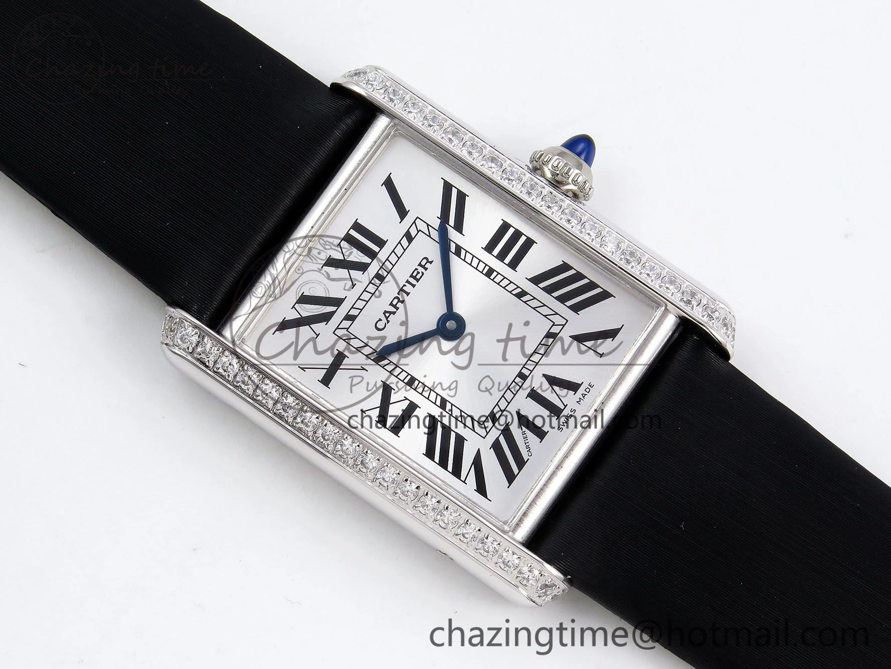 Tank Must Large SS 33.7mm DRF 1:1 Best Edition White Dial Diamonds Bezel on Black Calfskin Strap Swiss Quartz Colorful 5955
